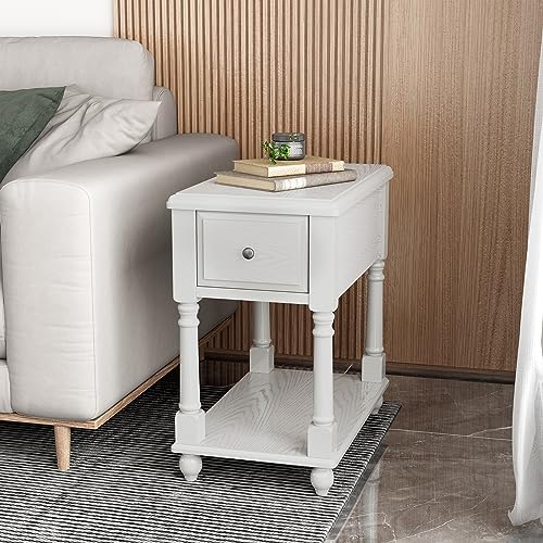Narrow Open End Table with Drawer, Solid Wood Side Table 2-Tier Skinny Table with Storage Shelves Slim Nightstand Small Sofa End Table for Living Room Bedroom-Antique White 004RW - color: Antique White, size: Single