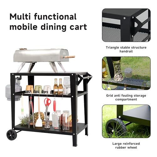 LEETOLLA Outdoor Grill Cart with Wheels, BBQ Prep Table | 3-Tier Rolling Cart, 200LBS Capacity, Cooking Station, Grill Stand, Metal Cart - color: Black