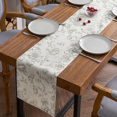 jinchan Grey Floral Linen Table Runner 13 x 90 Inch Farmhouse | Neutral botanical details bring warmth to family dinners, celebrations and everyday dining spaces. - color: Peony | Grey on Linen, size: 90" x 13" (Rectangular)