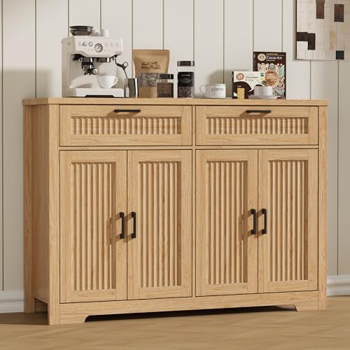 Buffet Cabinet with 2 Storage Drawers, Farmhouse Coffee Bar Table with Storage and Adjustable Shelf, 47.2" Wide Fluted Sideboard Cabinet for Kitchen, Dining Room, Living Room, Entryway, Natural Oak - color: Natural Oak, size: 2 Drawers + 4 Doors