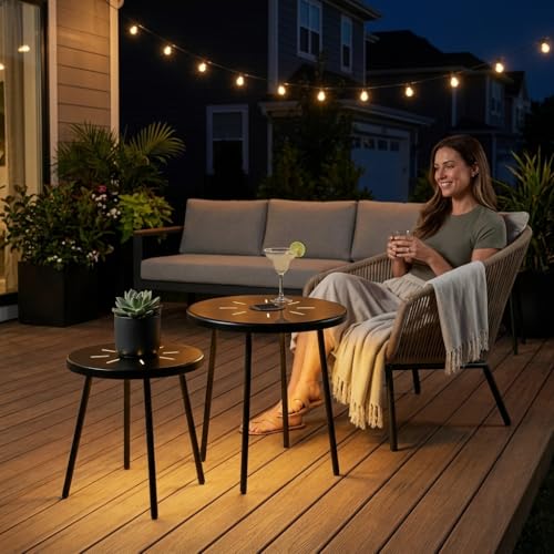 Solar Nesting Side Table Set of 2, Modern Black Metal Wire Round End Tables with Dusk to Dawn LED Light & On/Off Switch, Industrial Accent Tables for Patio, Balcony, Living Room, Garden (Solar 1)