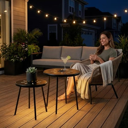 Solar Nesting Side Table Set of 2, Modern Black Metal Wire Round End Tables with Dusk to Dawn LED Light & On/Off Switch, Industrial Accent Tables for Patio, Balcony, Living Room, Garden (Solar 1)