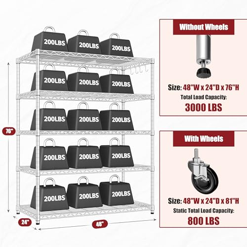 PrimeZone 5 Tier 48" Wx24''Dx81''H Wire Shelving with Wheels 3000lbs NSF Certified Storage Shelves Heavy Duty Metal Shelf Adjustable Rolling Rack Commercial Garage Restaurant Warehouse Kitchen Chrome - size: 48" W x 24" D x 81" H