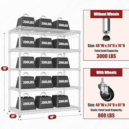 PrimeZone 5 Tier 48" Wx24''Dx81''H Wire Shelving with Wheels 3000lbs NSF Certified Storage Shelves Heavy Duty Metal Shelf Adjustable Rolling Rack Commercial Garage Restaurant Warehouse Kitchen Chrome - size: 48" W x 24" D x 81" H