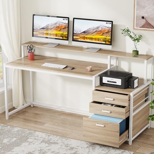 Tribesigns 63 Inch Computer Desk with File Drawer Cabinet, Ergonomic Office Desk with Monitor Stand, Industrial Computer Table with Printer Space, Wood PC Table Workstation Desk for Home Office - color: Walnut
