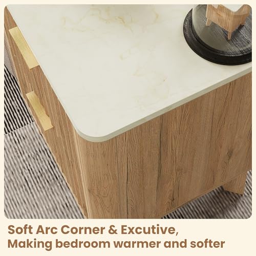Fluted Nightstand Set of 2,Modern End Table with Faux Marble Top,2 Storage Drawers Side Table,Bedside Table for Bedroom, Living Room,Curved Profile Design Furnitue,Natural Oak - color: 2pcs_oak
