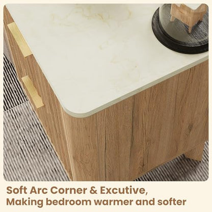 Fluted Nightstand Set of 2,Modern End Table with Faux Marble Top,2 Storage Drawers Side Table,Bedside Table for Bedroom, Living Room,Curved Profile Design Furnitue,Natural Oak - color: 2pcs_oak
