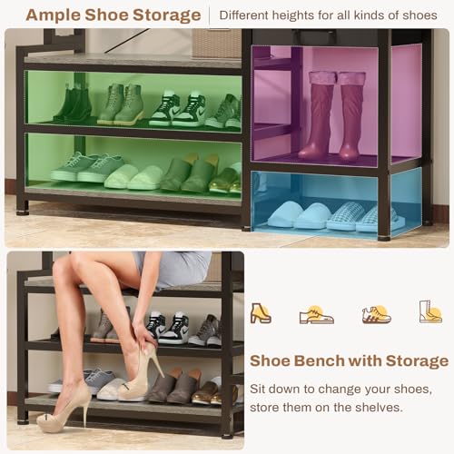 Itaar Hall Tree with Bench and Shoe Storage, 7-in-1 Entryway Bench with Coat Rack, 3 Storage Cubbies, 3 Open Shelves, 17 Coat Hooks, 2 Fabric Drawers (Oak Grey) - color: Oak Grey
