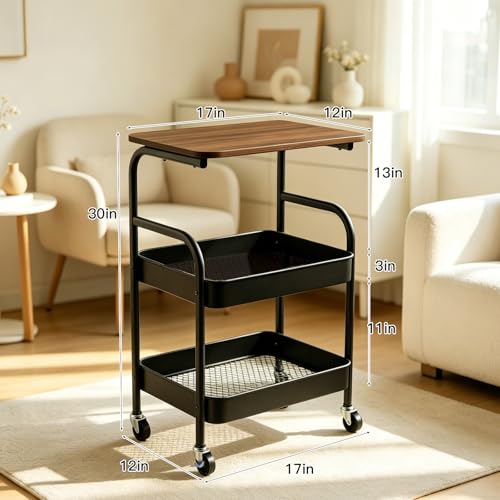 3 Tier Rolling Cart with Walnut Table Top, Sturdy Metal Storage Cart with Lockable Wheels, Multi-Purpose Mobile Shelf for Kitchen, Bedroom, Snacks, Coffee, Craft, Makeup, Garage (Black) - color: Black
