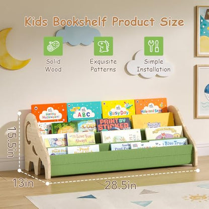 LAMU Kids Bookshelf, 4 Tier Solid Pine Wood Toddler Bookshelf, Book Shelf for Kids Rooms, Portable Montessori Bookcase, Childrens Book Storage Display for Baby's Bedroom Nursery Playroom (Elephant)