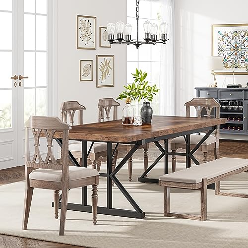 Tribesigns Farmhouse Dining Table for 6 People, 70.8-Inch Rectangular Wood Dining Table, Rustic Kitchen Table with Heavy Duty Metal Legs for Dining Room - color: Brown/Black
