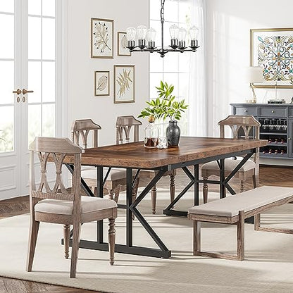 Tribesigns Farmhouse Dining Table for 6 People, 70.8-Inch Rectangular Wood Dining Table, Rustic Kitchen Table with Heavy Duty Metal Legs for Dining Room - color: Brown/Black