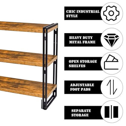 47" 3-Tier Bookshelf Rustic Wood and Metal Industrial Bookshelf for Home Office, Bedroom, Kitchen, Bathroom (Rustic Brown, 3-Tier) - color: Rustic Brown, size: 3-Tier