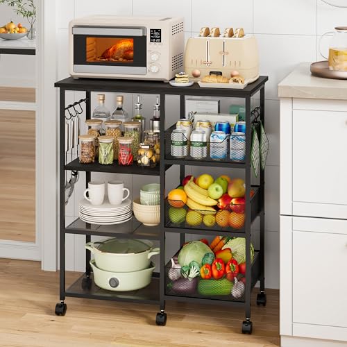 HapiRm Rolling Kitchen Carts with Storage - Microwave Table Stand with 6 Hooks & 3 Baskets, kitchen Island Cart on Lockable Wheels, 28.3" L × 14.6" W Bakers Rack Cart for Dining Room Coffee Bar Office - color: Black