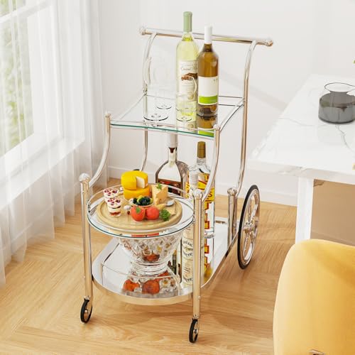 Tangkula Bar Cart, 3-Tier Rolling Home Bar Serving Cart with Mirrored Shelves & 4 Wheels, Mobile Beverage & Wine Cart for Kitchen, Dining Room, Living Room (Silver) - color: Silver