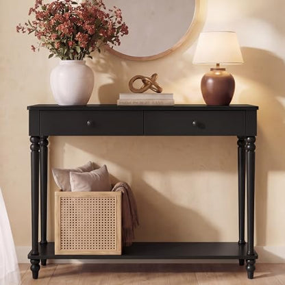 VASAGLE Mariel Collection - Console Table, Narrow Entryway Sofa Table with Drawers and Shelf, Solid Wood Legs, Mid-Century Modern, for Hallway Doorway Living Room, Ink Black ULNT139B101S