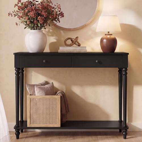 VASAGLE Mariel Collection - Console Table, Narrow Entryway Sofa Table with Drawers and Shelf, Solid Wood Legs, Mid-Century Modern, for Hallway Doorway Living Room, Ink Black ULNT139B101S