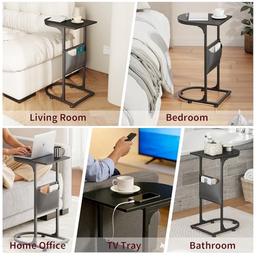 C Shaped End Table, Slide Under Small Side Table for Couch & Small Spaces | Wobble-Free C Table For Sofa, Black, Storage Bag, Sturdy Metal Frame, Wood Top, Living Room & Bedroom, 15-Min Quick Assembly - color: Classic Black