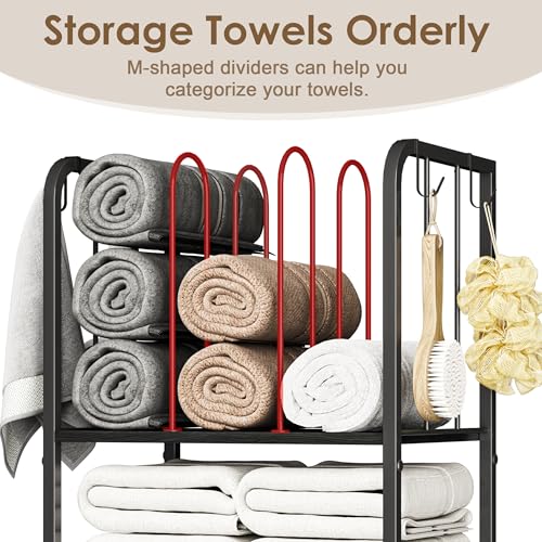 3-Tier Freestanding Cabinet Towel Rack Metal Stand, Black | M-shaped detachable dividers, three-tier versatile storage, premium anti-rust four hooks, 70 lbs heavy duty load capacity - color: Black