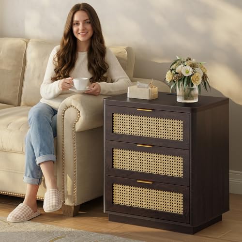 Kalrin Rattan Nightstand, Bedside Table - Larger Night Stand with Charging Station, 3 Drawers Storage, Boho Night Stands End Table for Bedroom Office - Deep Brown - color: Deep Brown