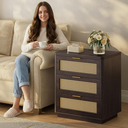 Kalrin Rattan Nightstand, Bedside Table - Larger Night Stand with Charging Station, 3 Drawers Storage, Boho Night Stands End Table for Bedroom Office - Deep Brown - color: Deep Brown