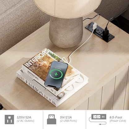WAMPAT Beige End Table with Charging Station, Narrow Side Table with 1 Drawer &1 Storage Cabinet, Mid Century Modern Nightstand with Power Outlets & USB Ports for Living Room, Bedroom - color: Beige