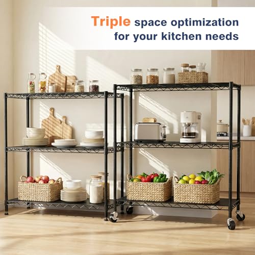 3 Tier Wire Shelf,Black Adjustable Metal Storage with Wheels | Heavy Load Capacity 900 lbs,Height Adjustable Design,35.4"Wx17.7Dx36.5H,Lockable 360°Wheels,Large Storage Space - color: 3-tier Black-35.4"x17.7" X36.5"(wxdxh)