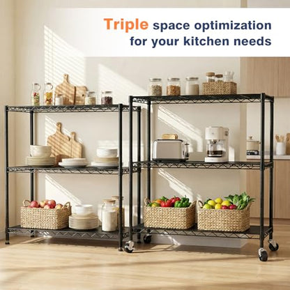 3 Tier Wire Shelf,Black Adjustable Metal Storage with Wheels | Heavy Load Capacity 900 lbs,Height Adjustable Design,35.4"Wx17.7Dx36.5H,Lockable 360°Wheels,Large Storage Space - color: 3-tier Black-35.4"x17.7" X36.5"(wxdxh)