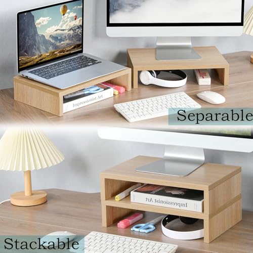 TEAMIX Wood Monitor Stand Riser - 2 Pack Adjustable Dual Monitor Riser for Laptop/PC - color: Maple