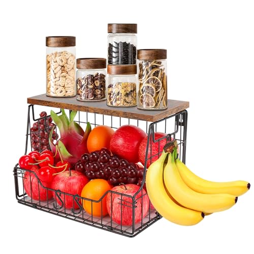 Livabber Fruit Basket for Kitchen, Metal Fruit Vegetable Storage Bin with 2 Banana Hangers, Countertop Wire Basket Organizer for Snack Potato Onion, Screw Mounted or Stand (Black, 1 Pack) - style: 1 Pack
