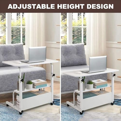 Adjustable Height Rolling Laptop Desk White Storage Drawer Side Table | 28-40in Height Adjustable,Rolling Wheels,Storage Drawer & Shelf,Waterproof Tabletop,Multi-Purpose Bedside Office Desk - color: White