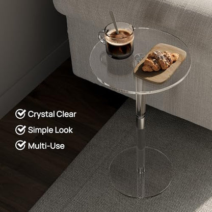 HMYHUM Acrylic Drink Table for Small Spaces, 11.8" L x 11.8" W x 21.3" H, Clear Pedestal Side Table for Living Room, Round, Easy Assembly - size: 11.8 inch