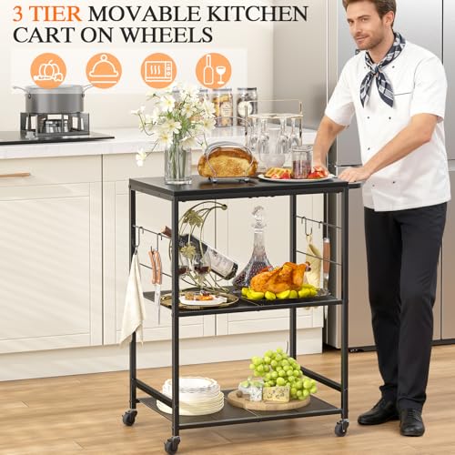 DAOUTIME Grill Cart for Outside, 3-Tier BBQ Food Prep Rolling Table Cart, with 23.62" Lx 15.75" W Rust-Resistant Tabletop, Outdoor Pizza Oven Table Ideal for Patio Backyard Kitchen Tools Room