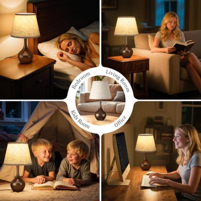 Seealle Touch Table Lamp for Bedroom, 3-Way Dimmable Small Bedside Lamps for Night Stands with Wires, Brown Desk Lamp for Kids Room, Office, Living Room, End Table(LED Bulb Included) - color: J. Beige Shade & Brown Base