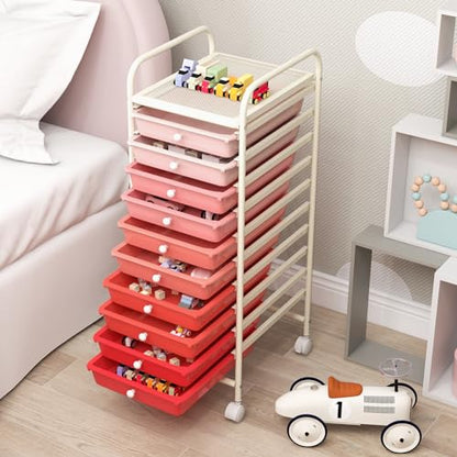 DREAMADE Rolling Cart with Storage Drawers, Utility Cart with Removable Plastic Drawers, Lockable Wheels, Art Cart for Classroom Organization Art Supplies Office Scrapbook (10 Drawers, Mixed-pink) - color: Mixed-pink, style: 10 Drawers