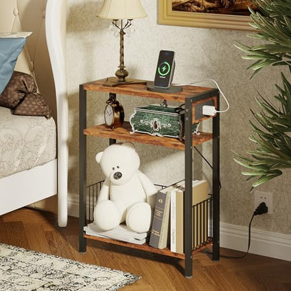 TRIFEBLE Narrow Side Table with Charging Station, Small End Table for Small Spaces, Slim Nightstand with Storage Basket, 3 Tier Skinny Bedside Table for Living Room, Bedroom, Rustic Brown - color: Rustic Brown, style: With Basket & Power