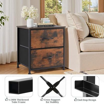 Nightstand Set of 2 Small 2 Drawer Dresser End Table Bedside Furniture | Wooden Top Fabric Bins for Bedroom, Closet, Entryway, Dorm, 11.8" D x 18" W x 20", Brown - color: Brown
