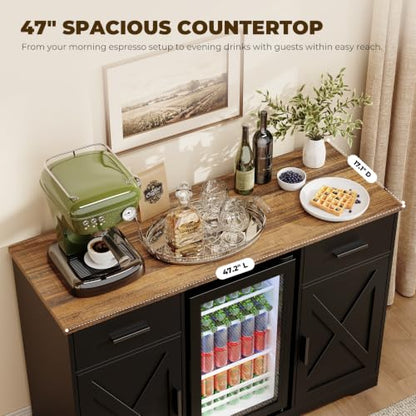 Large Coffee Bar Cabinet with Fridge (Fridge Included), 47'' Farmhouse Bar Cabinet with Wine Storage, Buffet Sideboard Table Station with 2 Drawers & Large Countertop for Home, Black