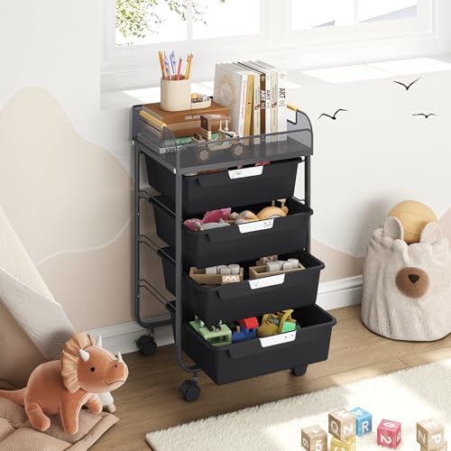 SYKIARIOL 4-Drawer Rolling Storage Cart with Mesh Top, Utility Craft Organizer Cart on Wheels with DIY Labels, Rolling Drawer Cart for Home Office Classroom Bedroom, Black - color: Black