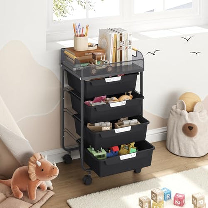 SYKIARIOL 4-Drawer Rolling Storage Cart with Mesh Top, Utility Craft Organizer Cart on Wheels with DIY Labels, Rolling Drawer Cart for Home Office Classroom Bedroom, Black - color: Black