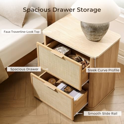 Night Stand, 23.11" W Rattan Nightstand with 2 Drawers, Faux Marble Top Bedside Table, Boho Mid Century End Table for Bedroom Living Room Sofa Office, Natural Oak [FSC Certified] - color: Natural Oak, size: 15.63"D x 23.11"W x 23.94"H（2 Drawer）
