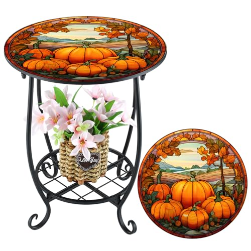 Cinnvoice Outdoor Side Table Round Small Mosaic Patio Accent Indoor End Plant Coffee Tea Table for Yard Patio Porch Garden Living Room, Bedroom(Pumpkin Style,14 Inch) - size: 14 Inch, style: Pumpkin Style