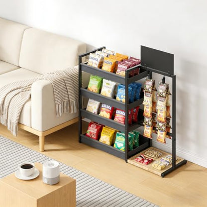 4-Tier Snack Organizer with 20 Clips, Snack Rack with Message Board | Modern Industrial Snack Cart for Kitchen Office Store Party Countertop, Matte Black Metal & Oxford Fabric Snack Storage