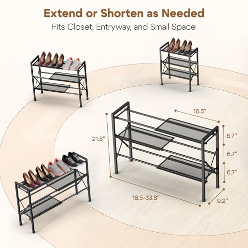 YEASHEIN 3-Tier Expandable Shoe Rack Organizer with Wire Mesh Shelves, Sturdy Metal Shoe Shelf with 4-Tier Storage, adjustable Shoe Stand, Free Standing Shoe Rack for Closet, Entryway, Garage - Black - size: 3 Tier