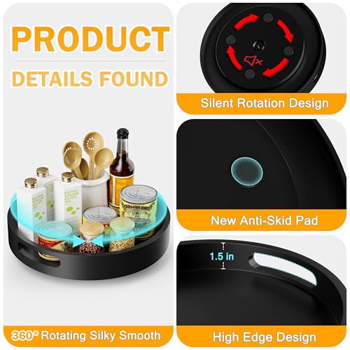 Lazy Susan Organizer Homerays 13 Inch Non-Skid Bamboo Lazy Susan for Kitchen Rotating Spice Rack with Handles, Wood Turntable for Kitchen Cabinet,Countertop (Black, Large) - size: 13" High Rim Black