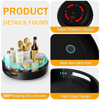 Lazy Susan Organizer Homerays 13 Inch Non-Skid Bamboo Lazy Susan for Kitchen Rotating Spice Rack with Handles, Wood Turntable for Kitchen Cabinet,Countertop (Black, Large) - size: 13" High Rim Black