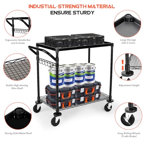 WDT 680Lbs Capacity Heavy Duty Rolling Utility Cart,2 Tier Rolling Carts with Wheels,Commercial Grade Metal Cart with Handle Bar & Shelf Liner,Trolley Serving Cart for Restaurant,Kitchen,Black - color: Black 2 Tier