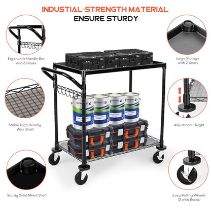 WDT 680Lbs Capacity Heavy Duty Rolling Utility Cart,2 Tier Rolling Carts with Wheels,Commercial Grade Metal Cart with Handle Bar & Shelf Liner,Trolley Serving Cart for Restaurant,Kitchen,Black - color: Black 2 Tier