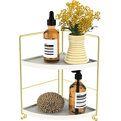 2-Tier Makeup Perfume Counter Organizer, Bathroom Corner Countertop Shelf Vanity Bedroom Storage Tray,Kitchen Spice Rack Standing Shelf(Gold,White) - size: Corner