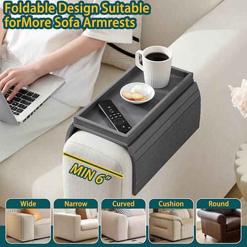 Bamboo Couch Arm Tray Table，Foldable Sofa Armrest Tray Table for Couch，Flexible and Anti-Slip Couch Arm Cup Holder，Portable Sofa Arm Chair Table for Drink,Cups, Eats，Snacks, Phone, Remote (Gray) - color: Gray